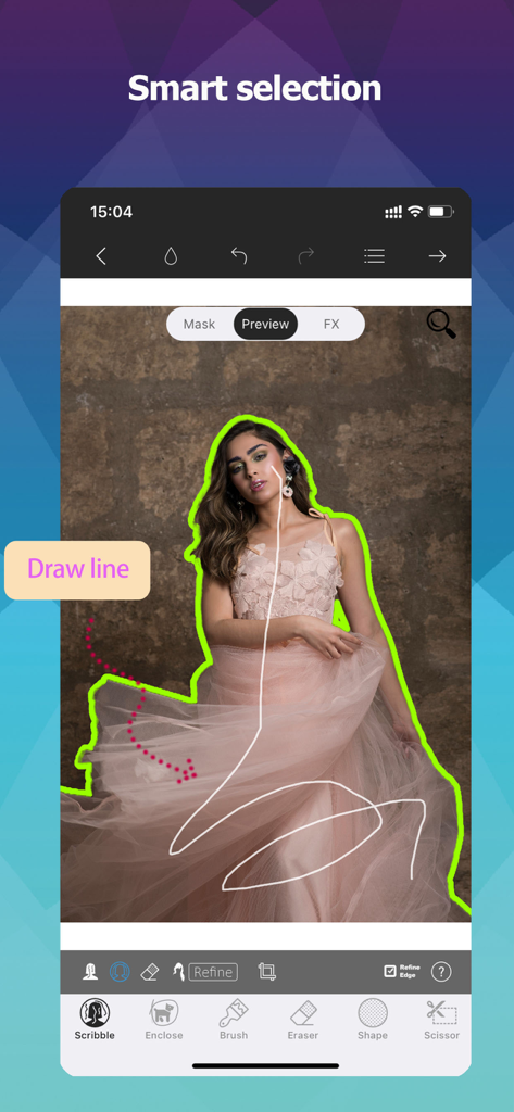 Photo Cut Out Editor - A user drawing a line with the smart selection tool to cut out a person from an image in the Photo Cut Out Editor app.