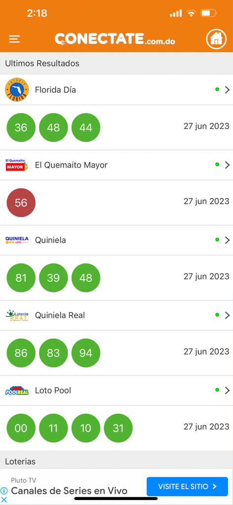 Interface do aplicativo Conectate Loterias mostrando os últimos números vencedores para Florida Dia, El Quemaito Mayor e Quiniela.