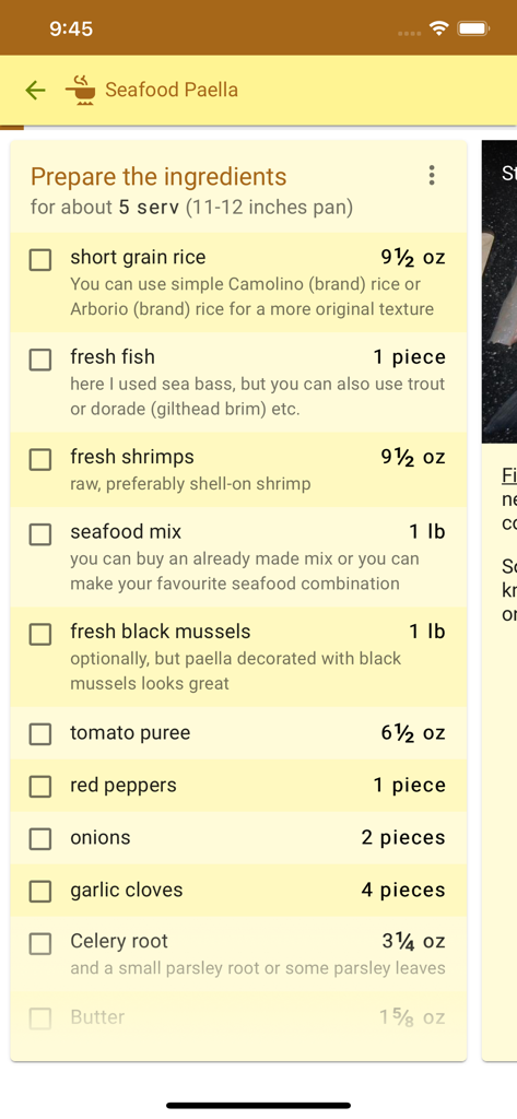 A checklist of ingredients for a seafood paella recipe showing quantities and preparation tips in the LaLena app.