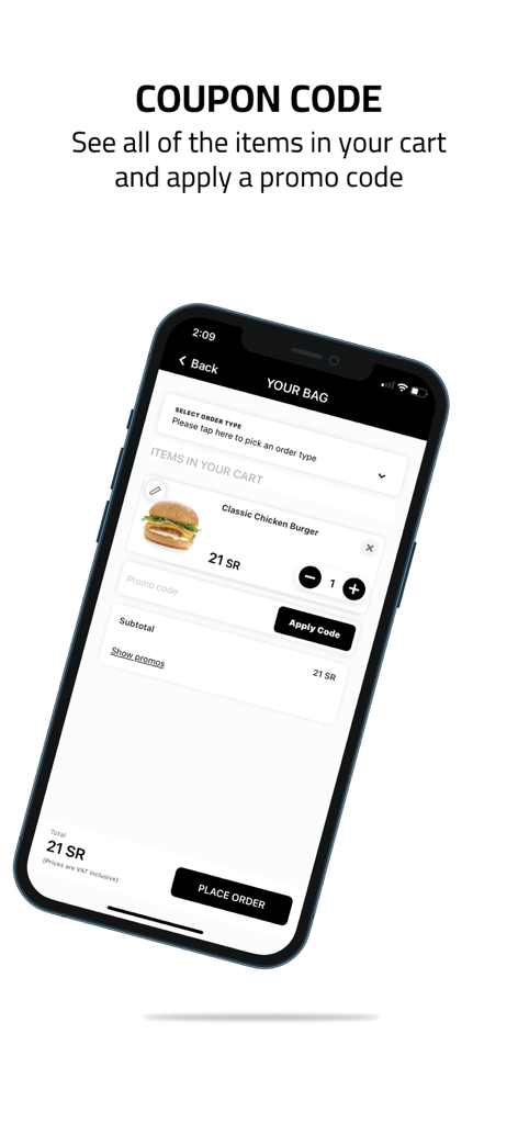 اصل البرجر | ASL ALBURGER - Asl Alburger mobile app checkout screen showing a chicken burger in the shopping cart and a field to apply a promo code