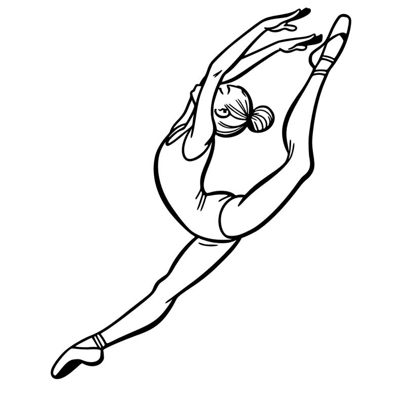 gymnast doing a leap in a leotard with a bent back leg