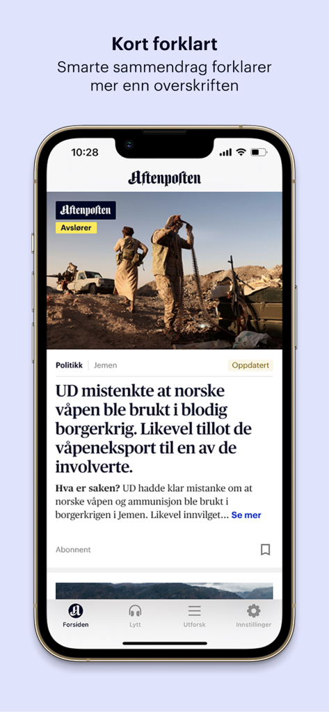 Aftenposten - Aftenpostenモバイルアプリが、iPhoneで概要機能を備えたニュース記事を表示しています。