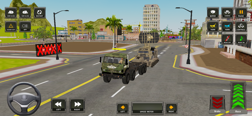 Millitary Cargo Truck Games - Ein Militärlastwagen fährt durch eine Stadtstraße in einem Frachttransportsimulationsspiel.