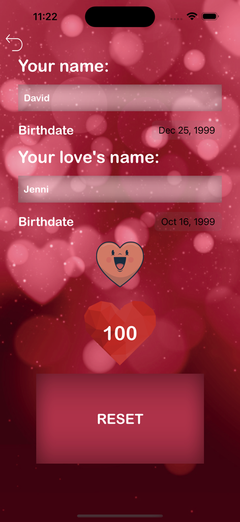 Love calculator compatibility - Interface of the love calculator app showing a one hundred percent compatibility result between David and Jenni based on names and birthdates.