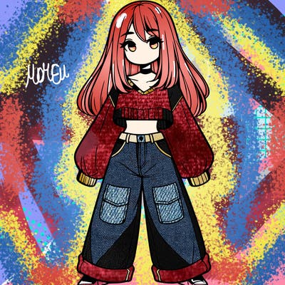 cute girl with straight hair in baggy jeans and a crop top and a sweater