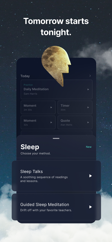 Waking Up: Meditation & Wisdom - Sleep feature screen in the Waking Up app showing options for sleep talks and guided sleep meditations.