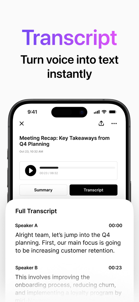 Recap: AI Meeting Note Taker - Screenshot of the Recap app showing an AI generated meeting transcript with speaker identification and a voice playback interface.