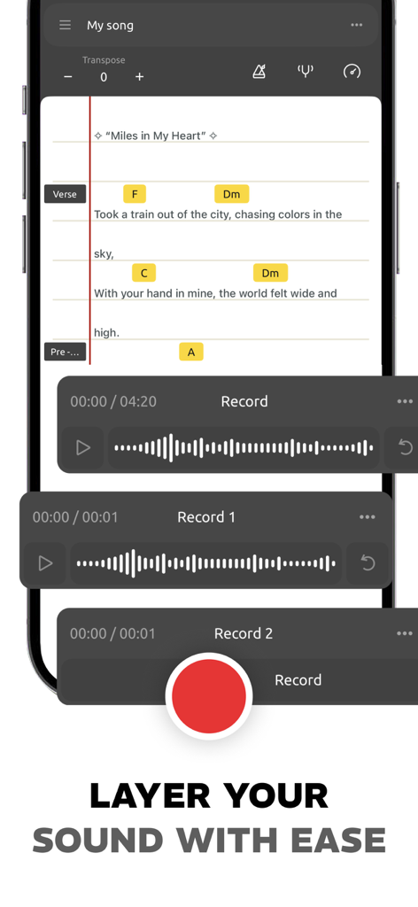 Song Writer AI,Lyric Generator - Song Writer AI app interface showing multi-track audio recording over lyrics and chords