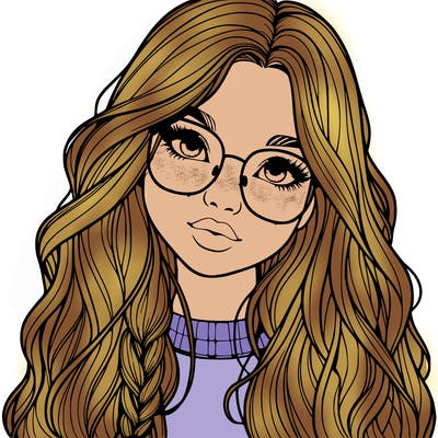 girl with long hair and freckles and glasses realistic