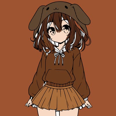 pretty anime girl wearing a fluffy hoodie with bunny ears on the hood and a skirt