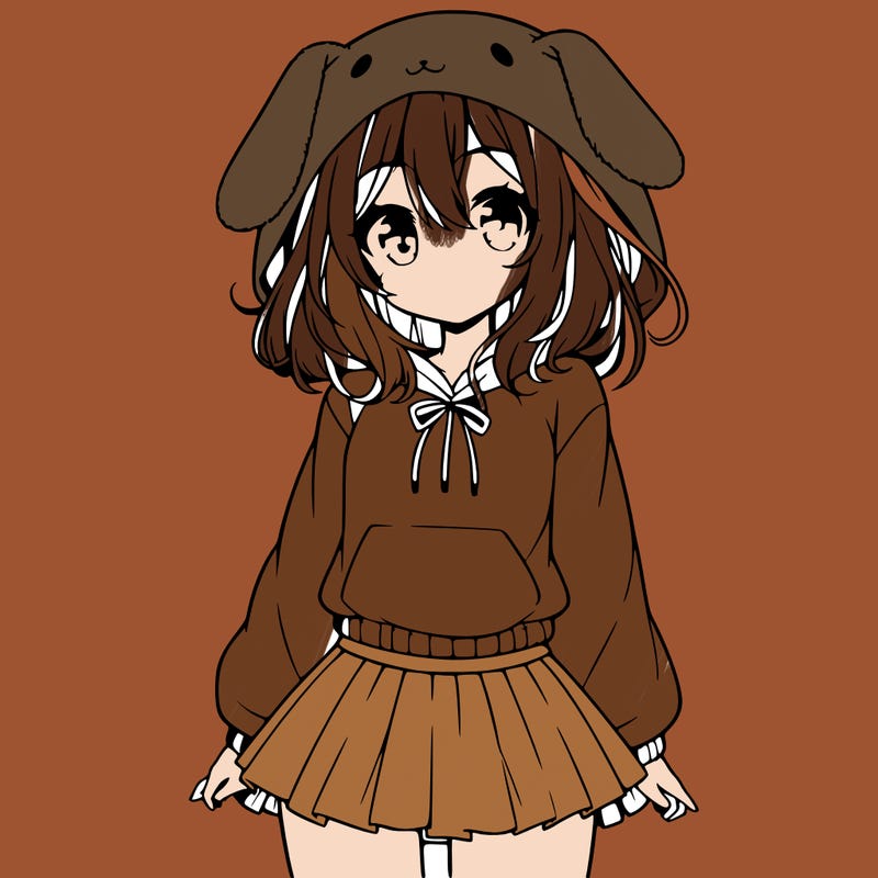 pretty anime girl wearing a fluffy hoodie with bunny ears on the hood and a skirt