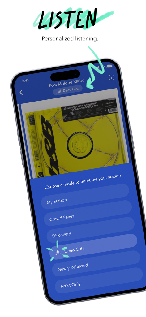 Pandora app interface showing personalized listening modes to customize a radio station