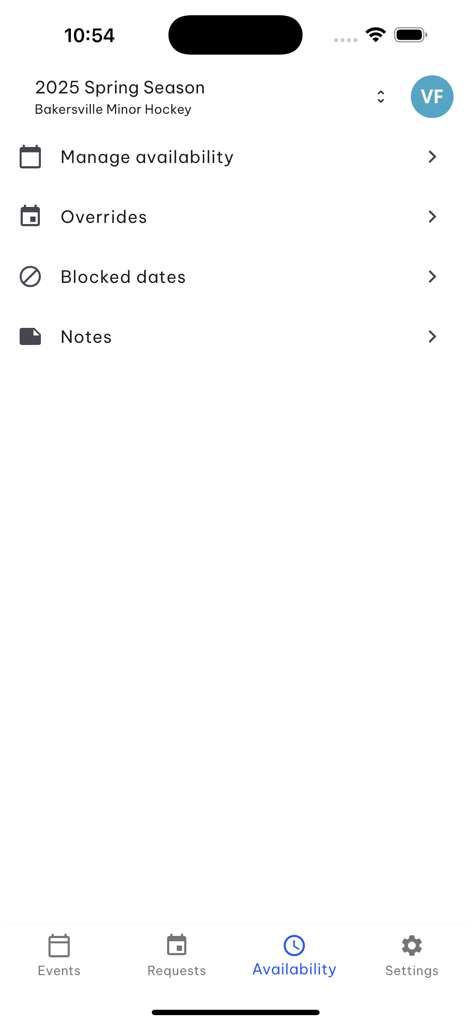 TeamLinkt Officials - Availability management menu in the TeamLinkt Officials app showing options for availability, overrides, and blocked dates.