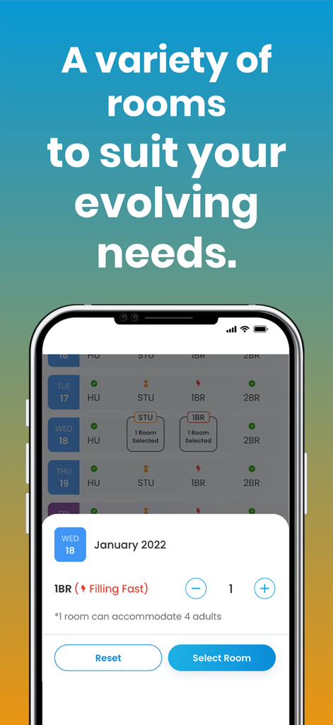 Room selection screen in the Club Mahindra app showing various room options like studio and one bedroom apartments with availability status.