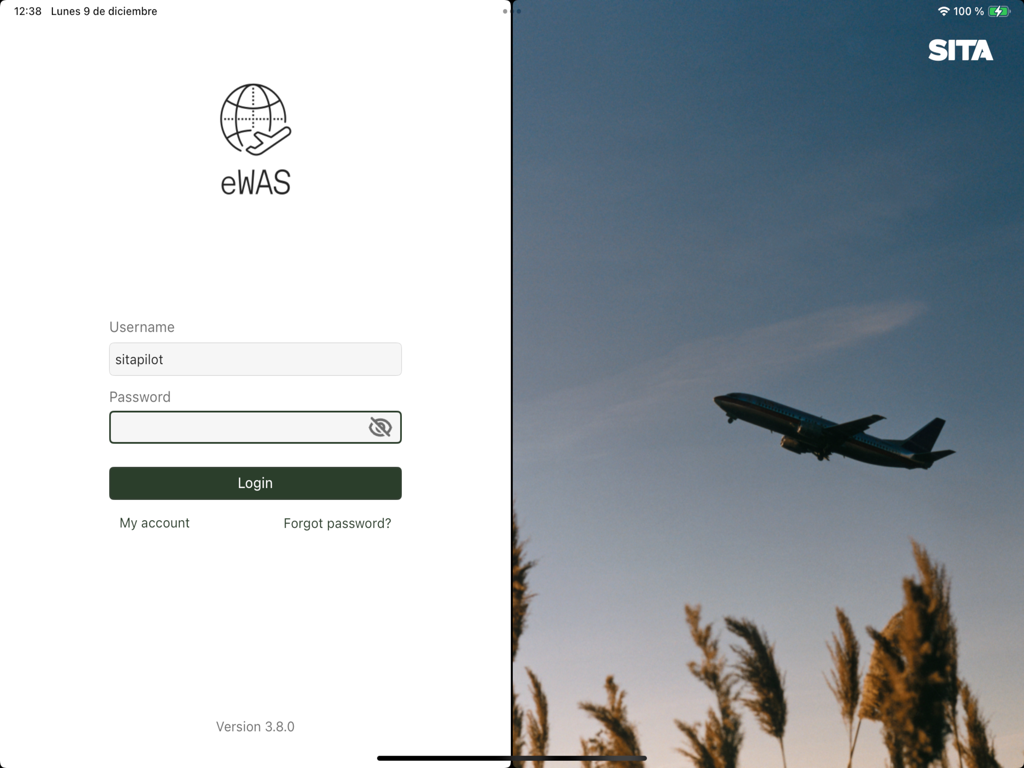 SITA eWAS - Login screen for the SITA eWAS aviation weather application for pilots.