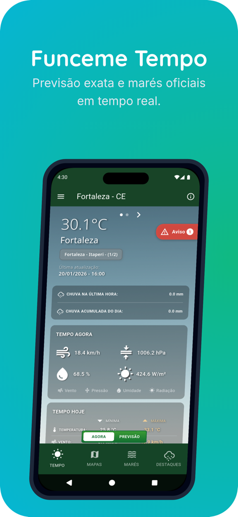 Funceme Tempo weather app interface showing temperature and climate data for Fortaleza