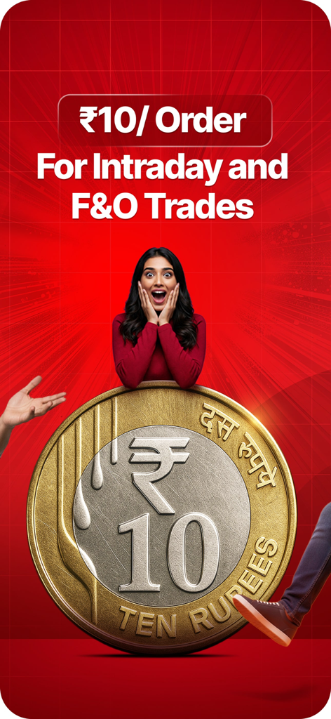 Kotak Neo app promotional screen showing 10 rupee flat brokerage for intraday and FnO trades