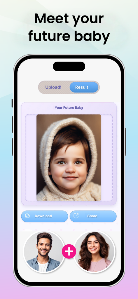 Future Baby Face-AI Generator - Screenshot of the Future Baby Face-AI Generator app showing a realistic AI-generated baby face based on photos of two parents