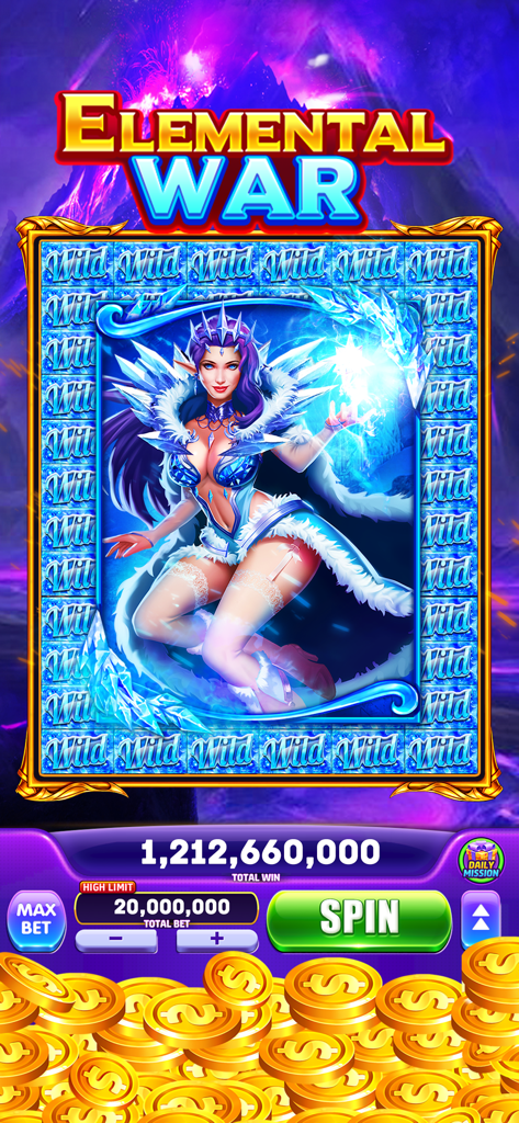 Jackpot Winner Casino Slots - Elemental War slot machine gameplay in Jackpot Winner Casino Slots featuring an ice queen and a massive coin win.