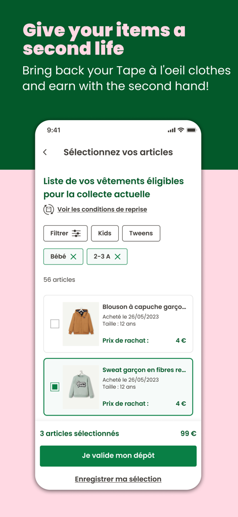 Mobile app screen for reselling second hand children clothes via Tape a l'oeil app