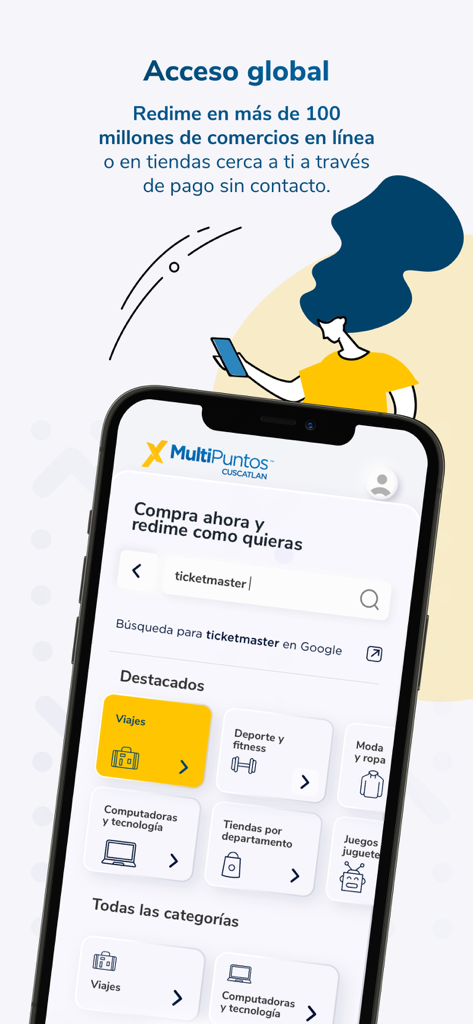 MultiPuntos CUSCATLAN - MultiPuntos CUSCATLAN mobile app interface showing various shopping categories and global redemption features.