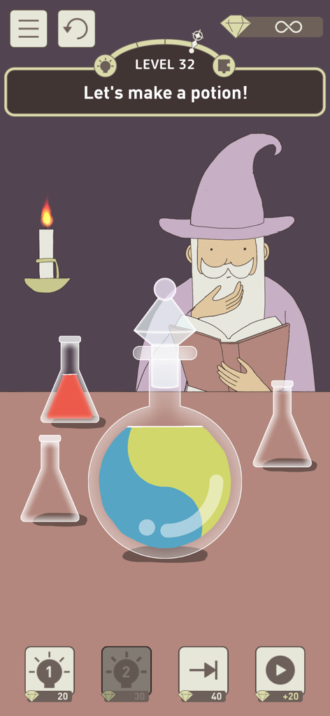 Un personaje mago en el juego móvil IQ Dungeon preparando una poción con matraces coloridos para un nivel de puzle de lógica.