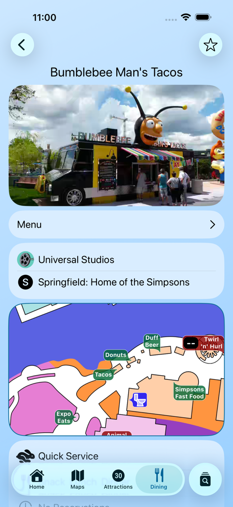 Magic Guide: Universal Orlando - Detalles de comida y mapa para Bumblebee Mans Tacos en la aplicación Magic Guide.