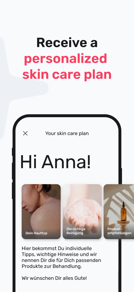 Personalized skincare plan screen on the dermanostic app