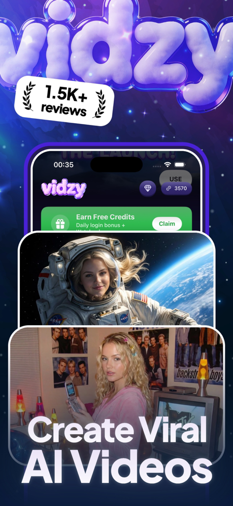 AI Video Generator: Vidzy - A promotional screenshot of the Vidzy app featuring AI generated videos and the slogan Create Viral AI Videos