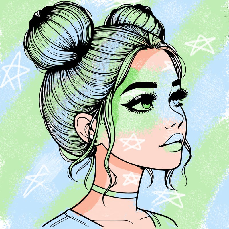 realistic girl with buns on the top of her head