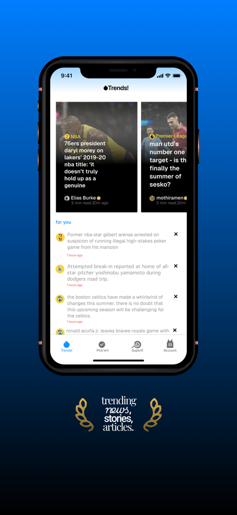 Kickff : Picks & SuperX AI - Kickff app screen showing trending sports news stories and headlines for NBA and Premier League.