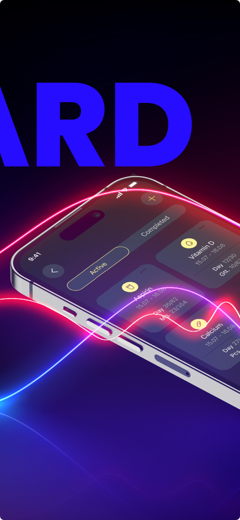 Interface do aplicativo Guard Protect em um iPhone mostrando uma lista de medicamentos diários como Aspirina e Vitamina D.