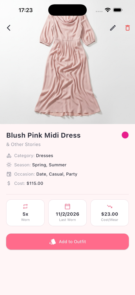 Misco - Capture d'écran de l'application Misco montrant les détails et les statistiques d'usure d'une robe rose poudré