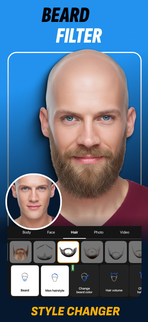 A before and after comparison of a man using the beard filter and style changer tool in the Retouch Men app