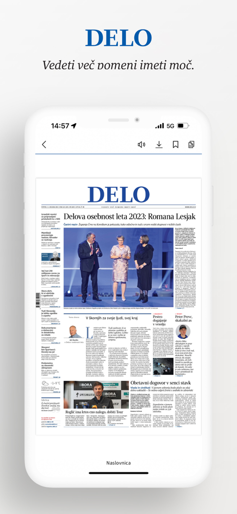 Pantalla móvil mostrando la portada digital del periódico esloveno Delo