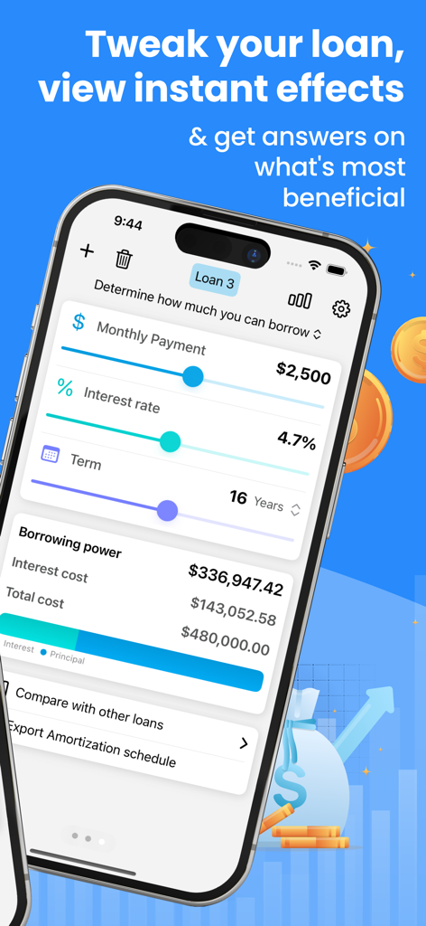 Mortgage Calculator & Analysis - Smartphone screen of a mortgage calculator app displaying borrowing power and interest rate sliders.