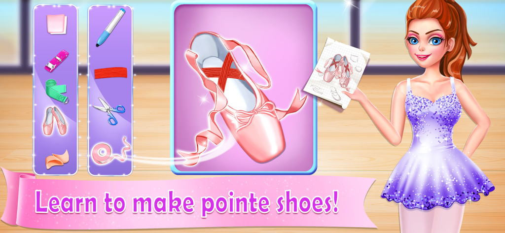 A ballerina character named Chloe designing and making her own ballet pointe shoes in a dance studio.