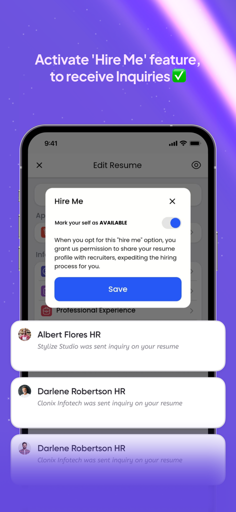 Rezi AI app screen showing the Hire Me feature to mark yourself available and receive job inquiries from recruiters