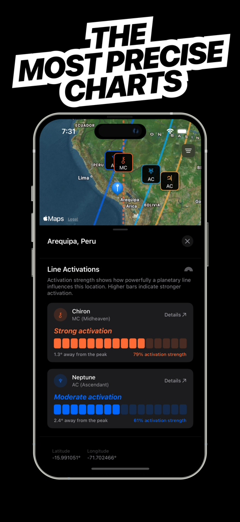Astrocartography - Pathfinder - Interfaz de aplicación móvil que muestra activaciones detalladas de líneas planetarias y cartas de reubicación precisas en un mapa de Perú.