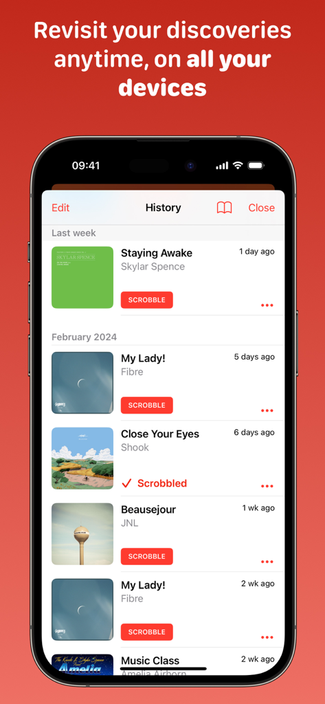 Pantalla de historial de la app AirScrobble mostrando pistas musicales identificadas con botones de registro