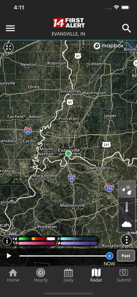 Satellite weather radar map of Evansville Indiana in the 14FirstAlert app