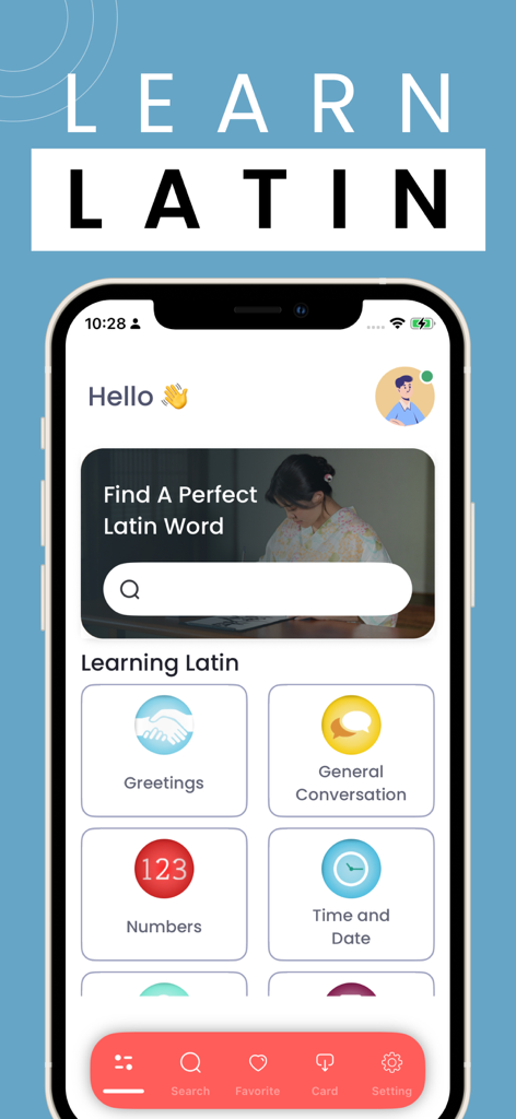 Learn Spanish (Latin American) - A smartphone screen displaying the Learn Latin American Spanish app home page with phrase categories