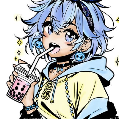 hot baddie anime girl drinking boba and biting the straw