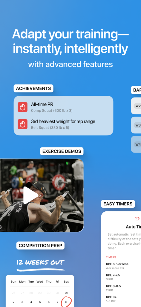 Evolve Training App - Oberfläche der Evolve Training App mit Trainingserfolgen, Übungsvorführungen und Tools zur Wettkampfvorbereitung.