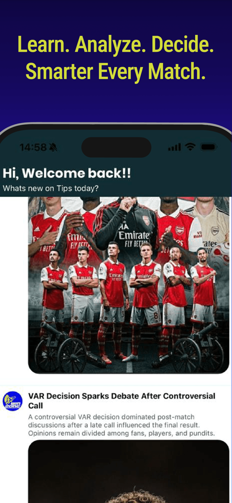 The Winzone app dashboard showing a soccer news article and expert match insights.