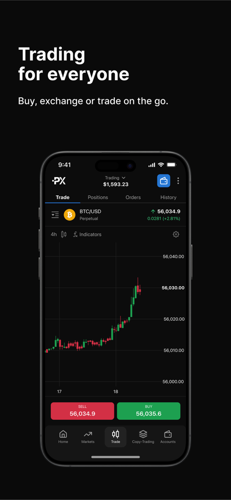 PrimeXBT Mobile App-Oberfläche mit einem Bitcoin-Preischart und Handelsoptionen