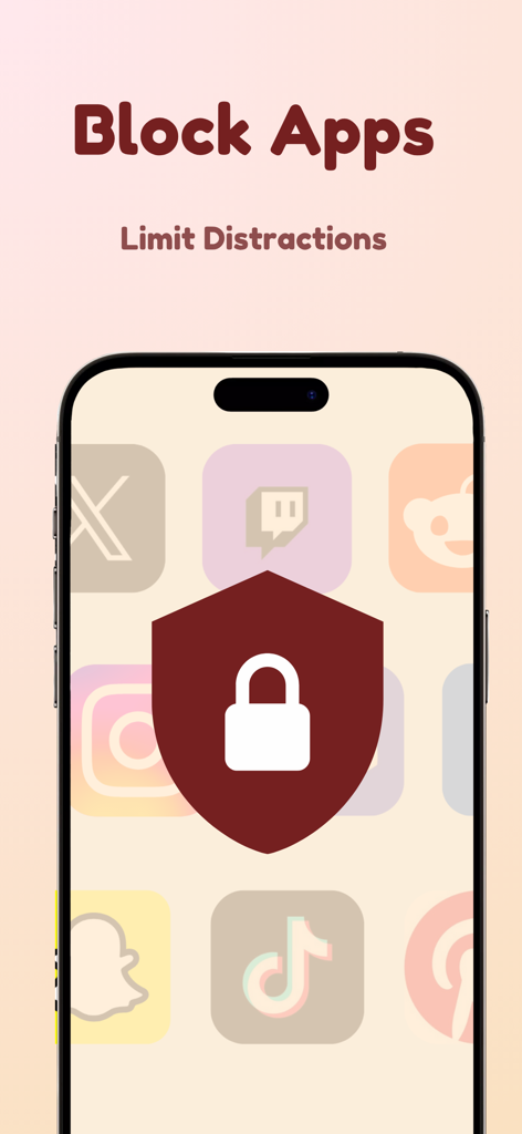 Focus Friend, by Hank Green - 気を散らすものを制限するための盾のアイコンが付いたアプリブロック機能を示すスマートフォンの画面。