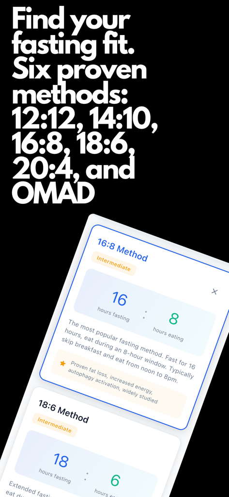 Fastor : Intermittent fasting - A screen displaying six different intermittent fasting strategies including the popular 16 8 method with descriptions and benefits
