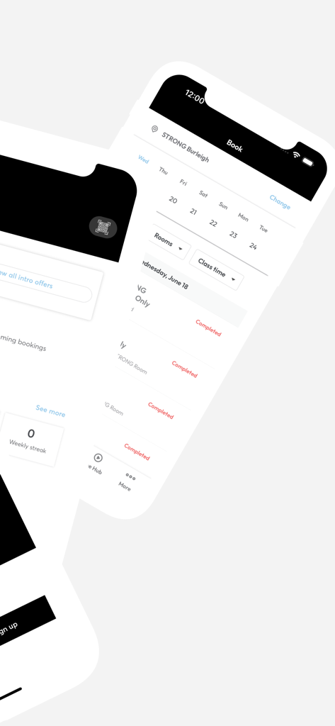 STRONG Pilates - STRONG Pilates mobile app screens showing class booking calendar and workout schedule