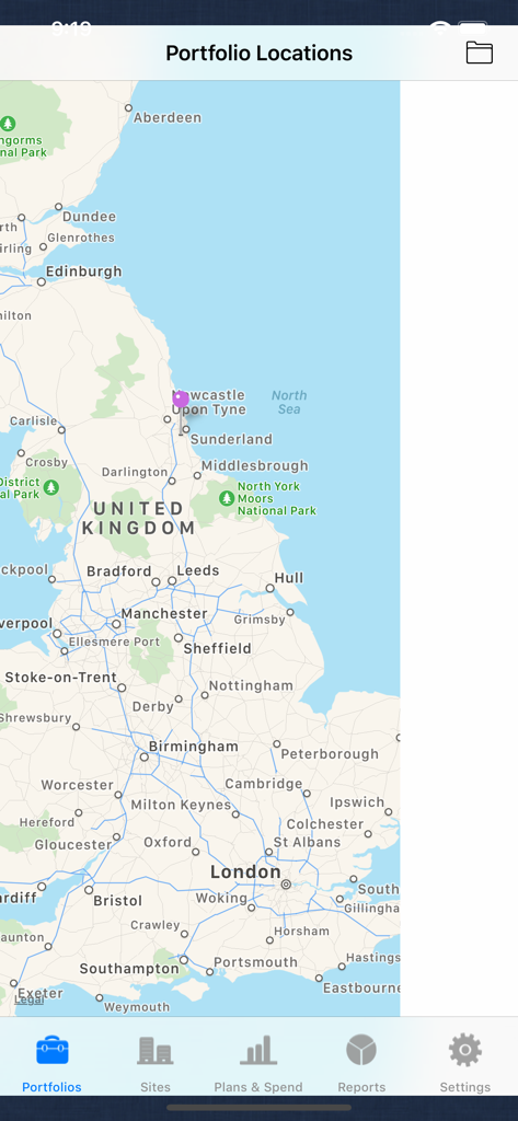 Vista de mapa de la aplicación Kykloud que muestra ubicaciones de carteras de edificios en todo el Reino Unido